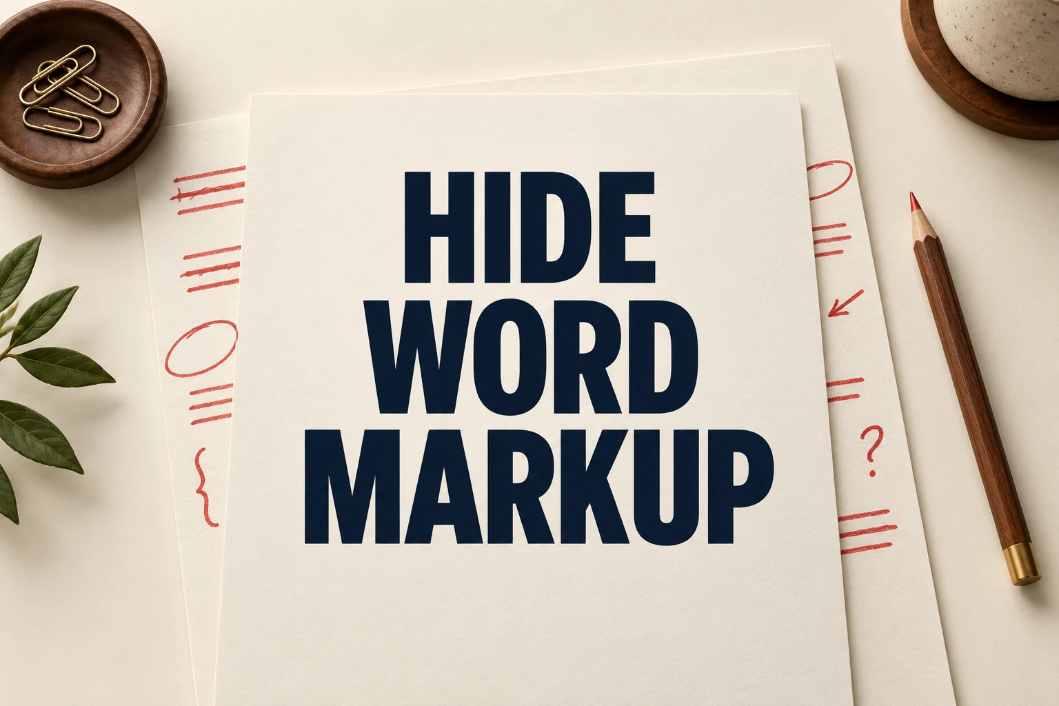 HIDE WORD MARKUP on an ivory sheet covering red pencil corrections beside a walnut pencil
