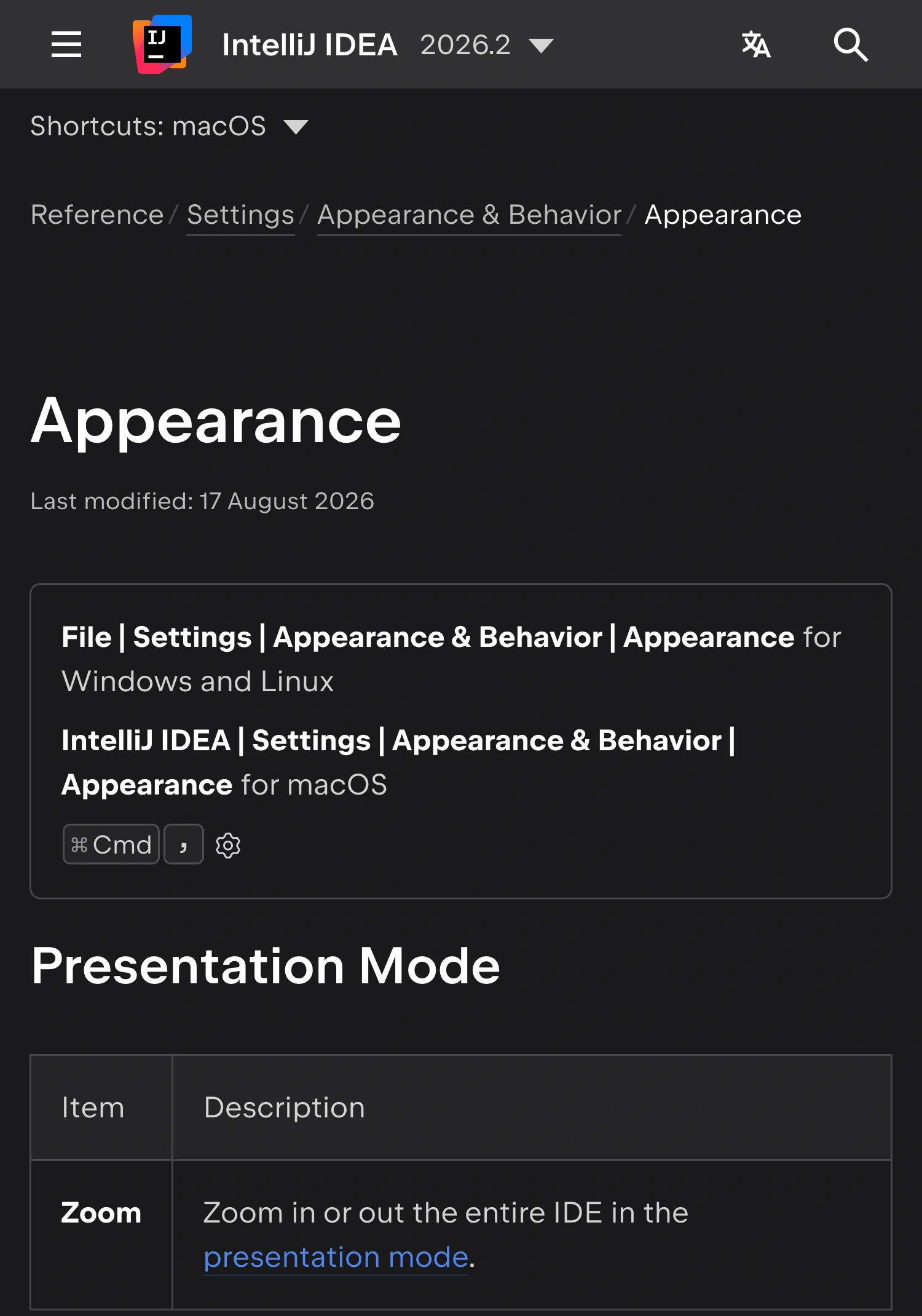 IntelliJ IDEA 2026.2 documentation with the Mac Appearance settings path and Presentation Mode Zoom control