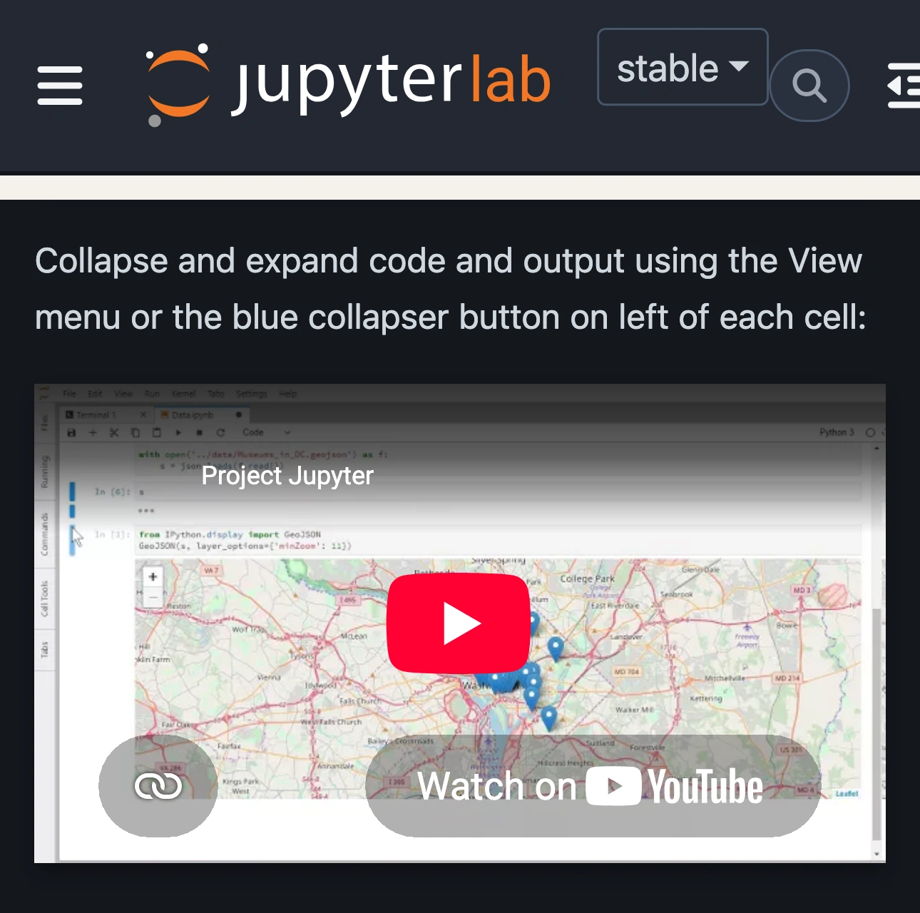 JupyterLab official documentation showing its logo and instructions to collapse code and output from the View menu or cell collapser