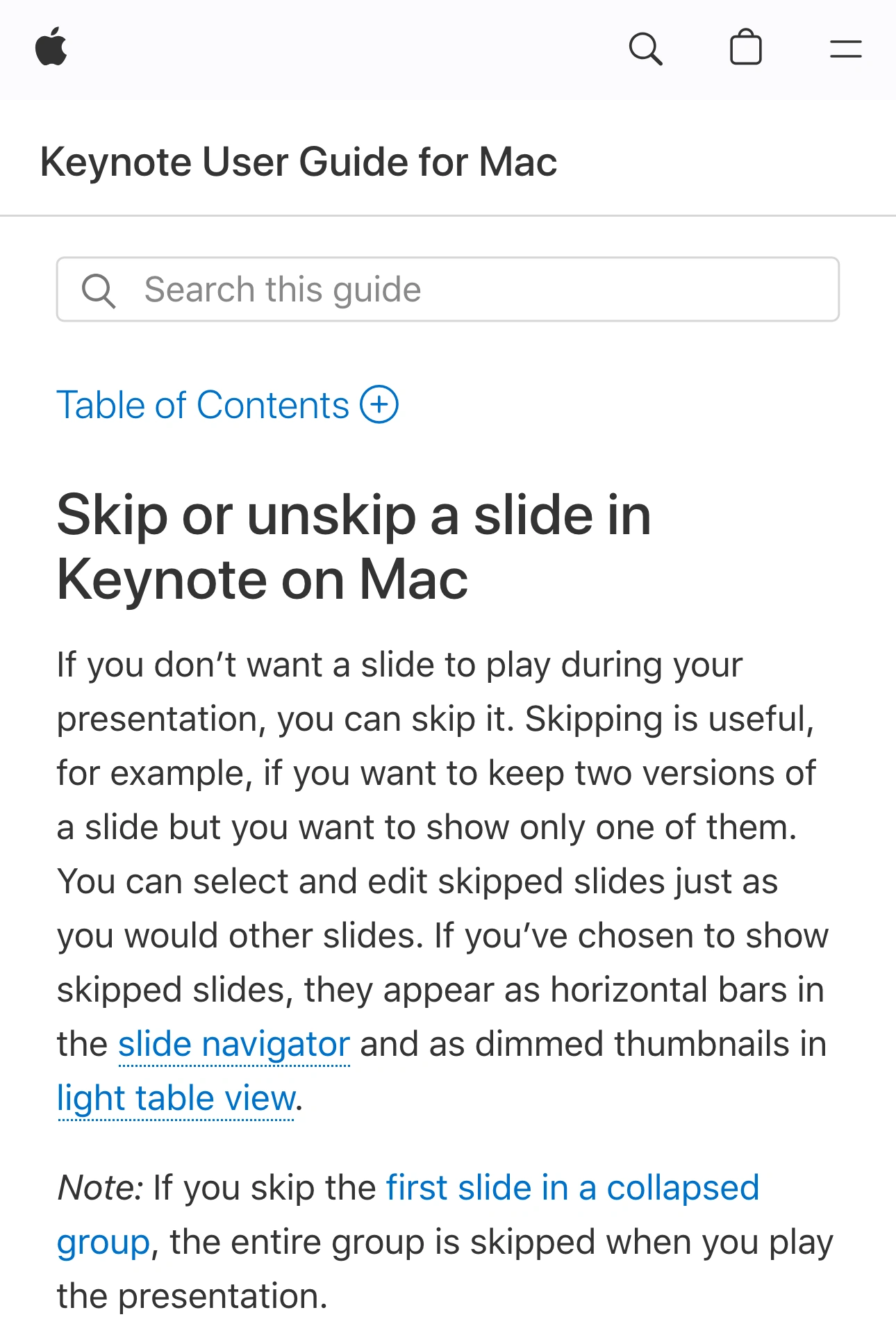 Apple Keynote User Guide explaining that skipped slides remain editable and a skipped first slide can skip a collapsed group