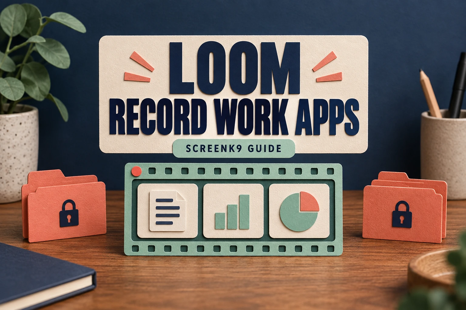 Paper work tiles inside a mint film frame, private folders outside, and large text Loom Record Work Apps