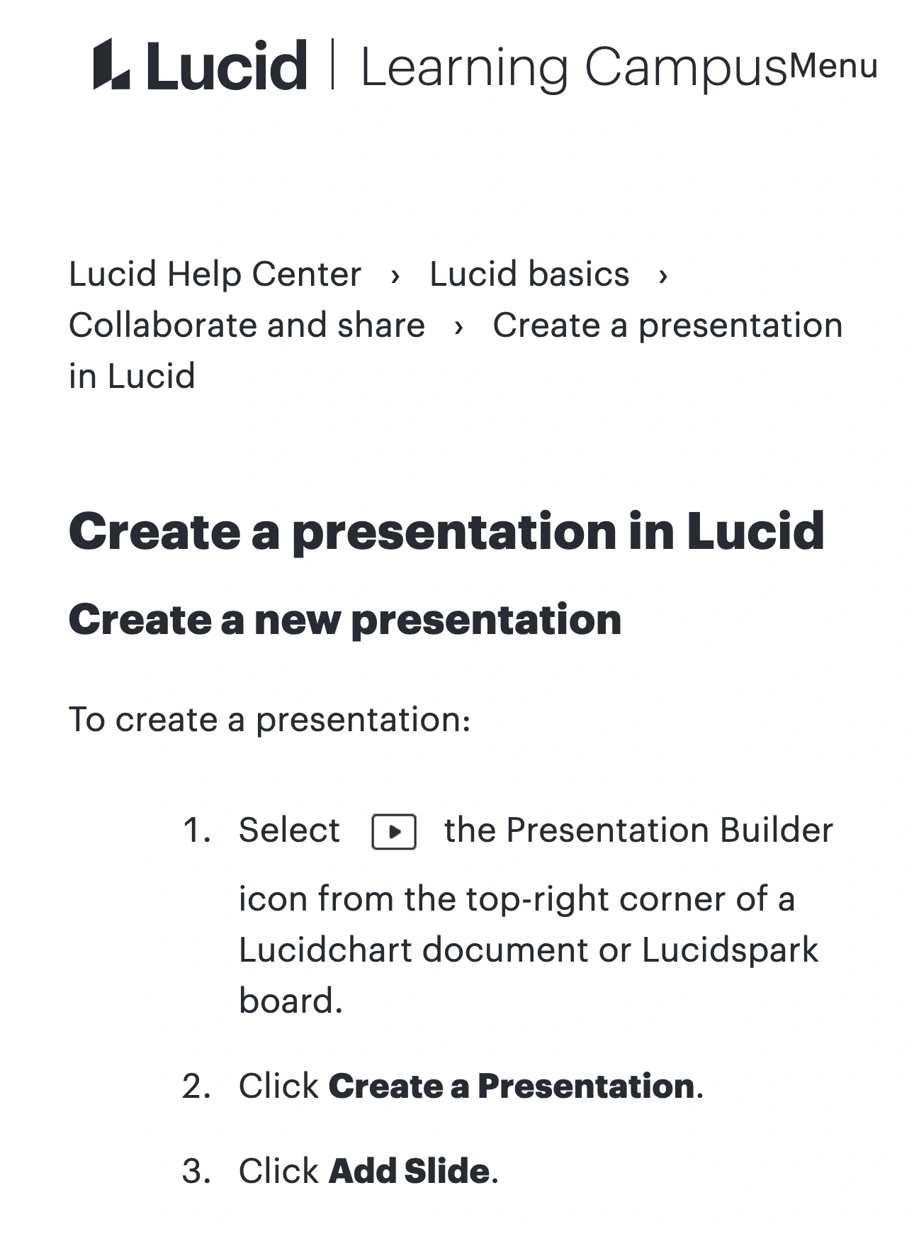 Lucid Help Center showing the presentation guide and native slide creation instructions