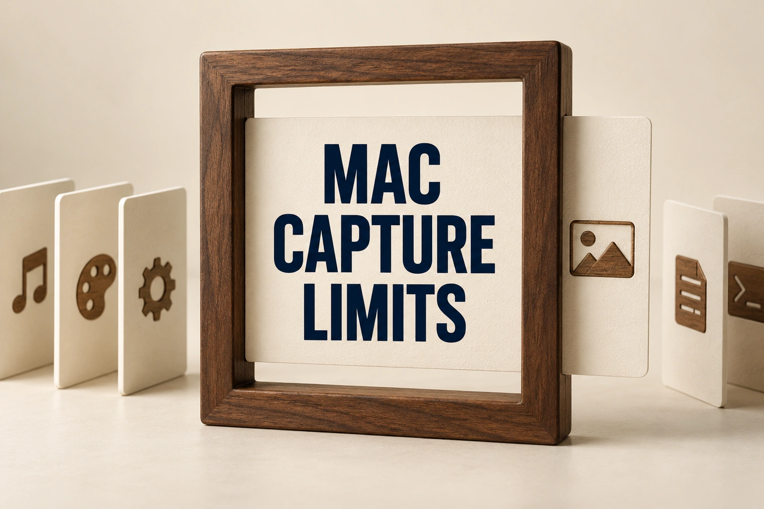 MAC CAPTURE LIMITS on ivory panels inside a walnut frame, with physical geometric objects