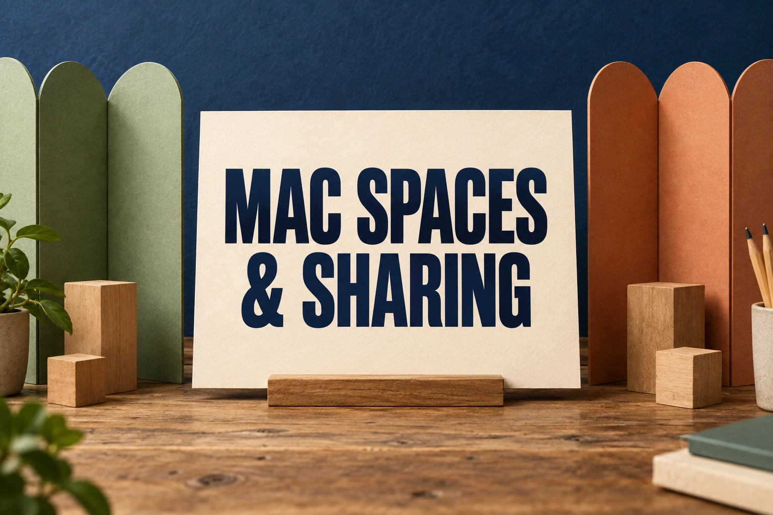 MAC SPACES & SHARING on a cream placard between folded paper room dividers