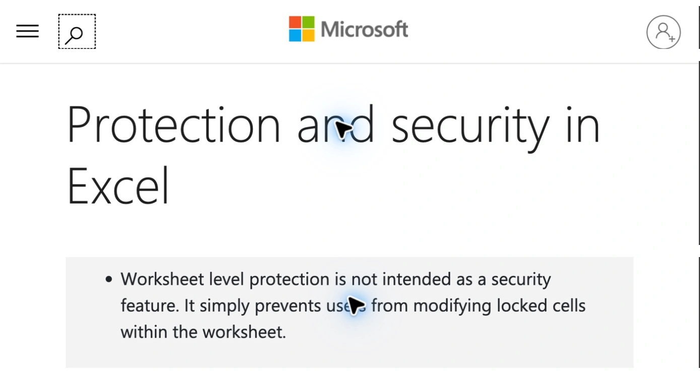 Microsoft Support explaining that worksheet protection prevents changes and is not intended as a security feature