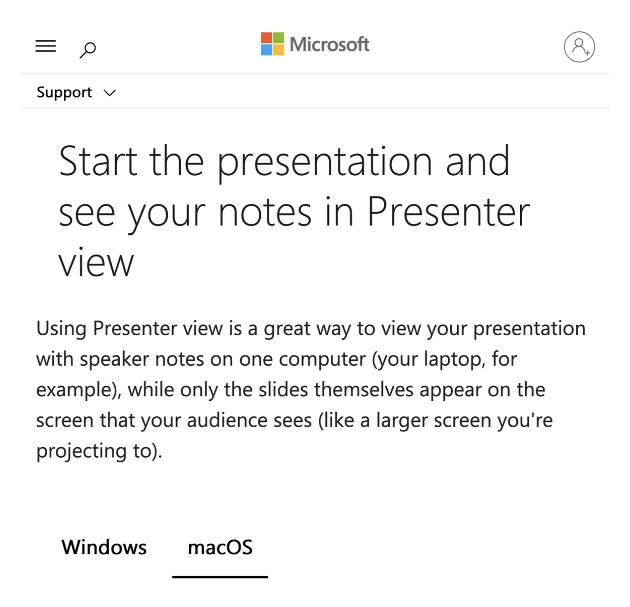 Microsoft Support describes separate presenter notes and audience slides with the macOS tab selected