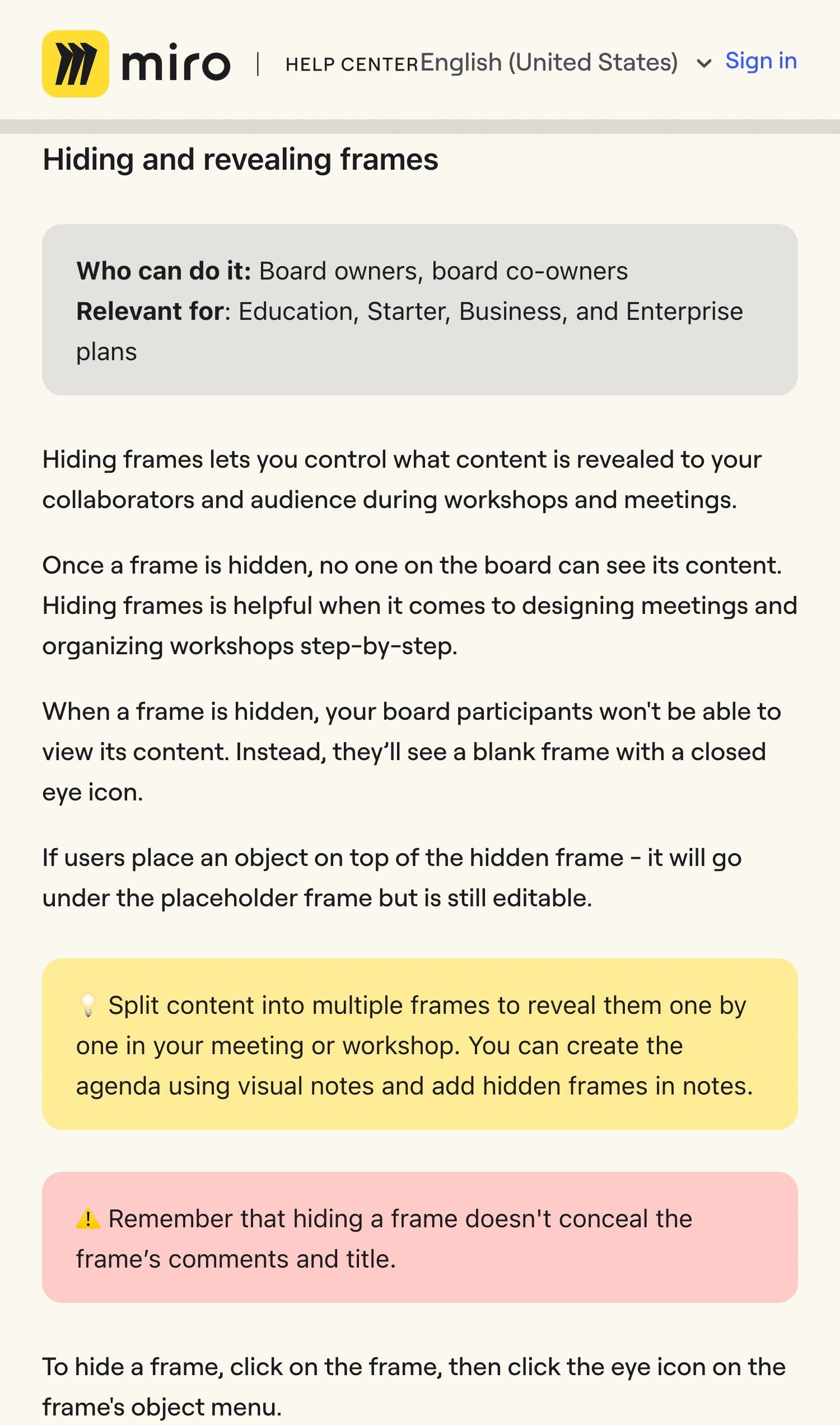 Miro Help Center Frames article with the hiding and revealing instructions and warning that titles and comments are not concealed