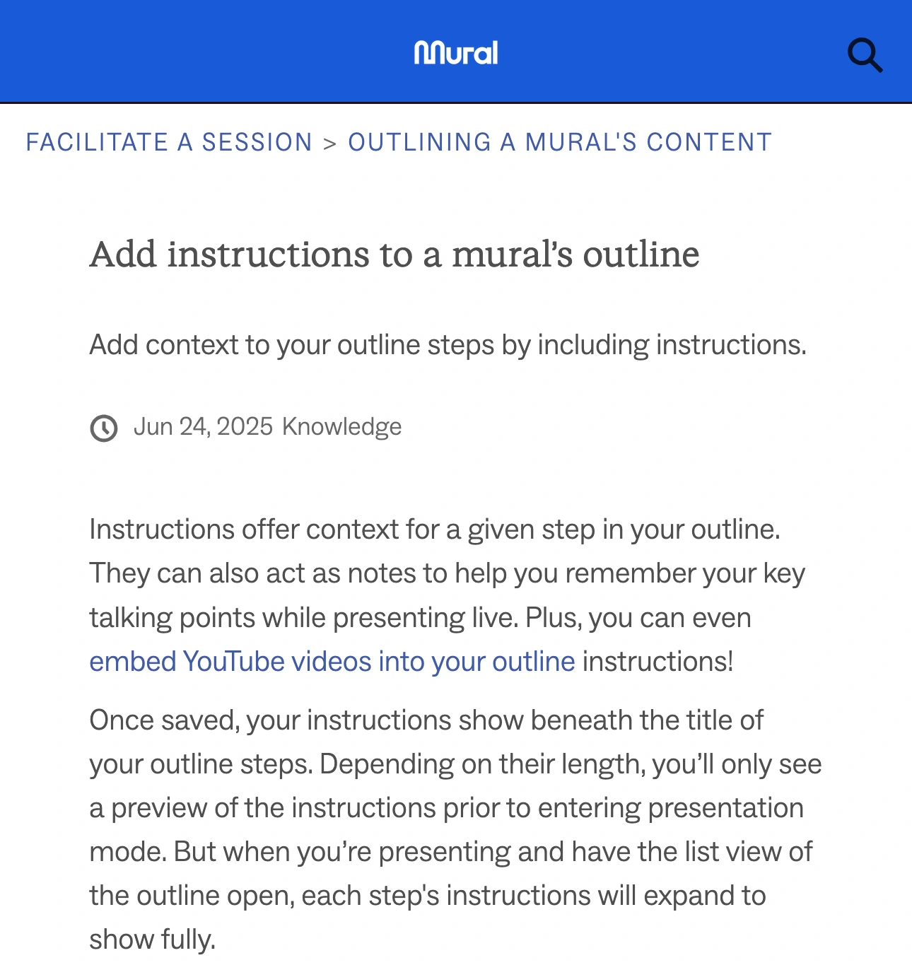 Mural's branded documentation explaining that outline instructions expand in presentation list view