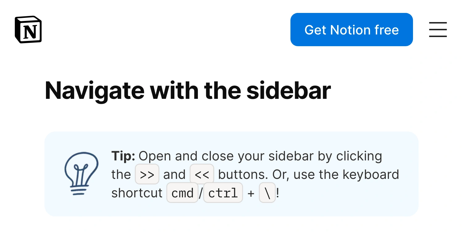 Notion Help Center title and tip showing the sidebar collapse controls and Cmd-backslash shortcut