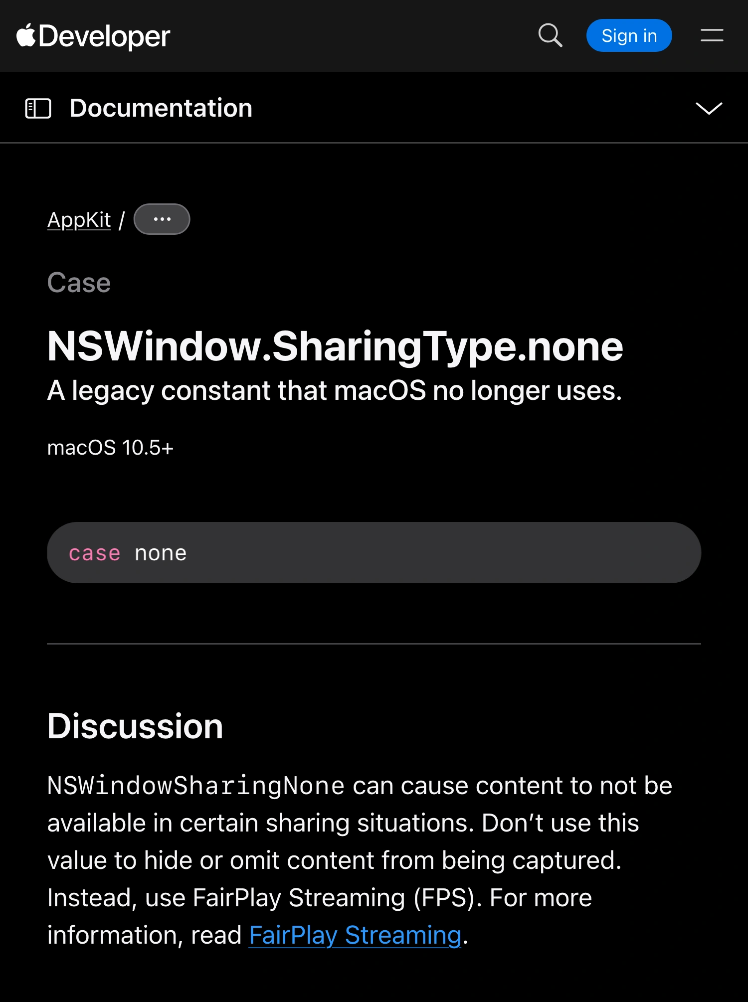 Apple Developer documentation describing NSWindow.SharingType.none as legacy and warning against using it to hide captured content