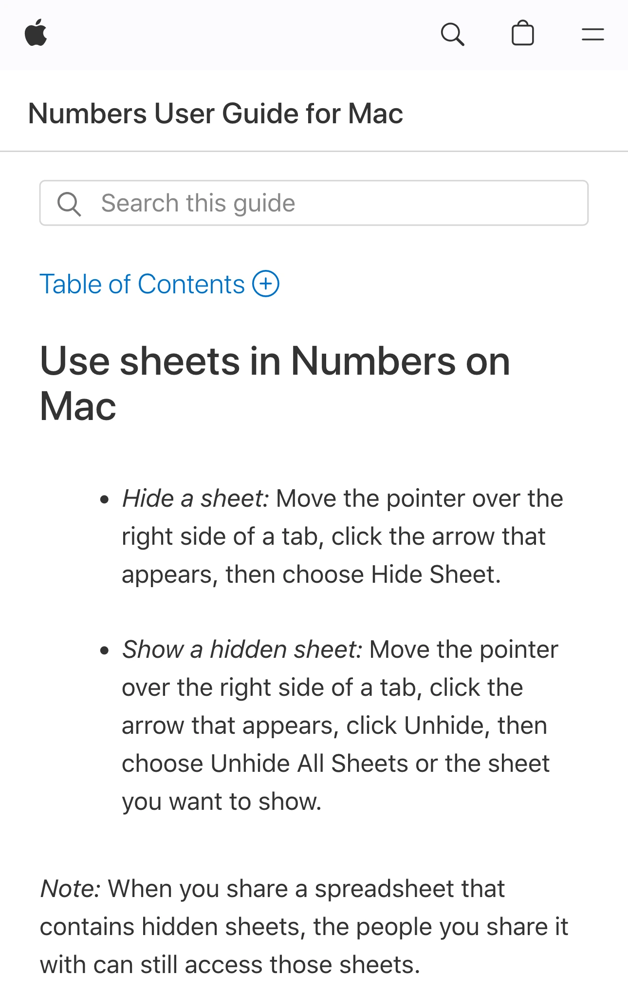 Apple Numbers User Guide showing Hide Sheet, Unhide, and the warning that recipients can access hidden sheets
