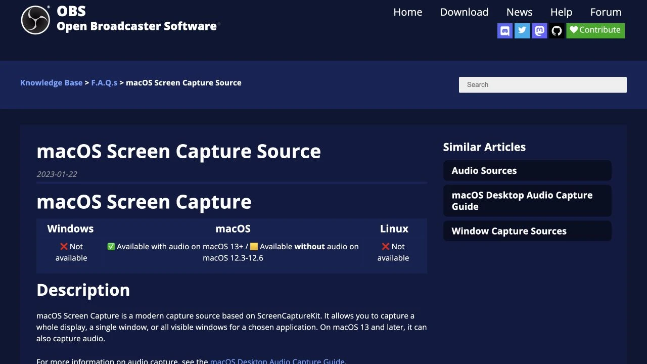 OBS Project knowledge base describing macOS Screen Capture source modes