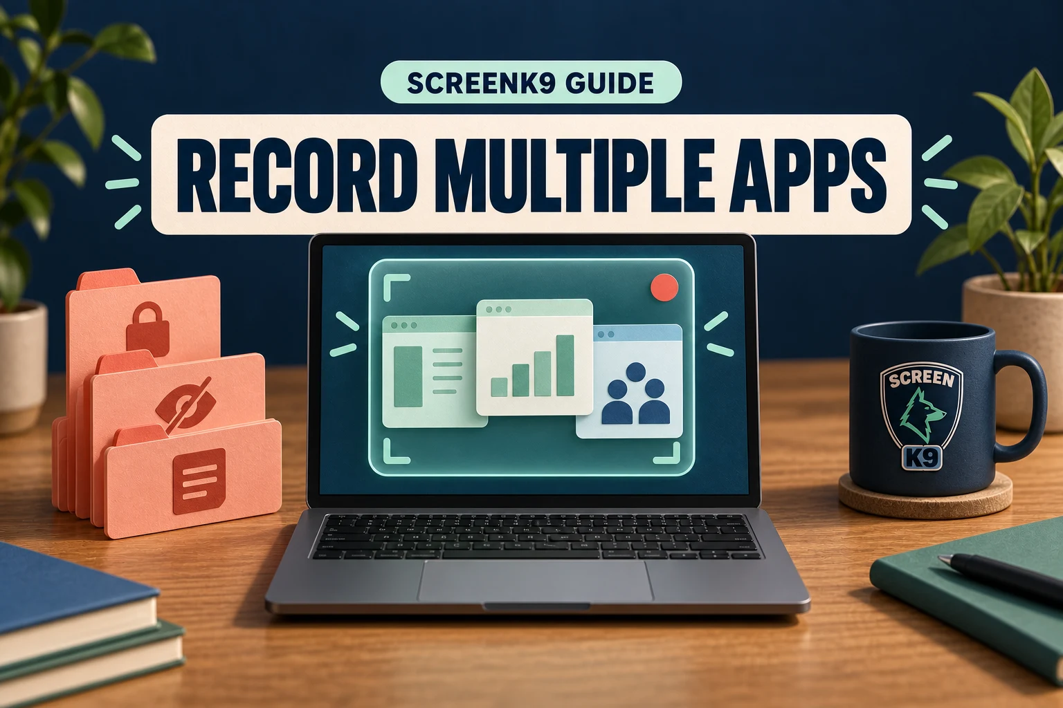 Editorial ScreenK9 guide cover with the readable words Record Multiple Apps above a laptop keeping private apps outside a recording frame