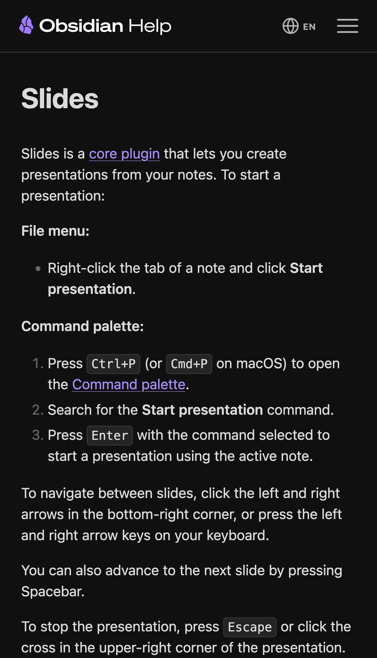 Obsidian Help’s branded Slides documentation showing how to start and navigate a presentation