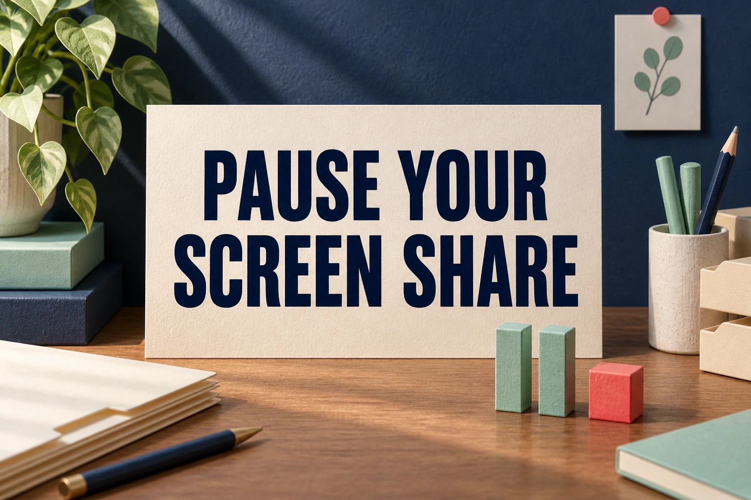 PAUSE YOUR SCREEN SHARE on a cream card with physical pause and stop symbols