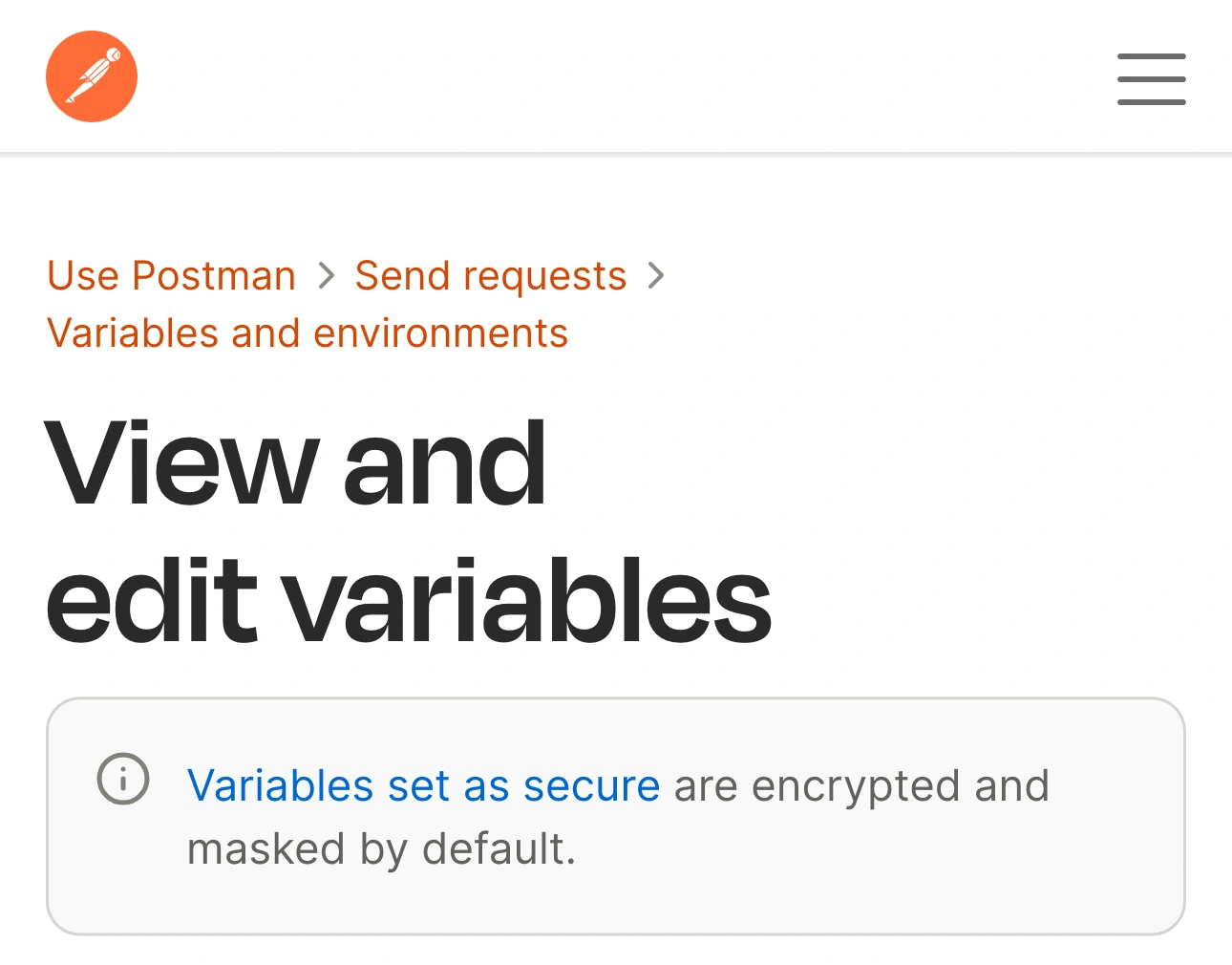 Postman documentation with its logo, View and edit variables title, and the statement that secure variables are encrypted and masked by default