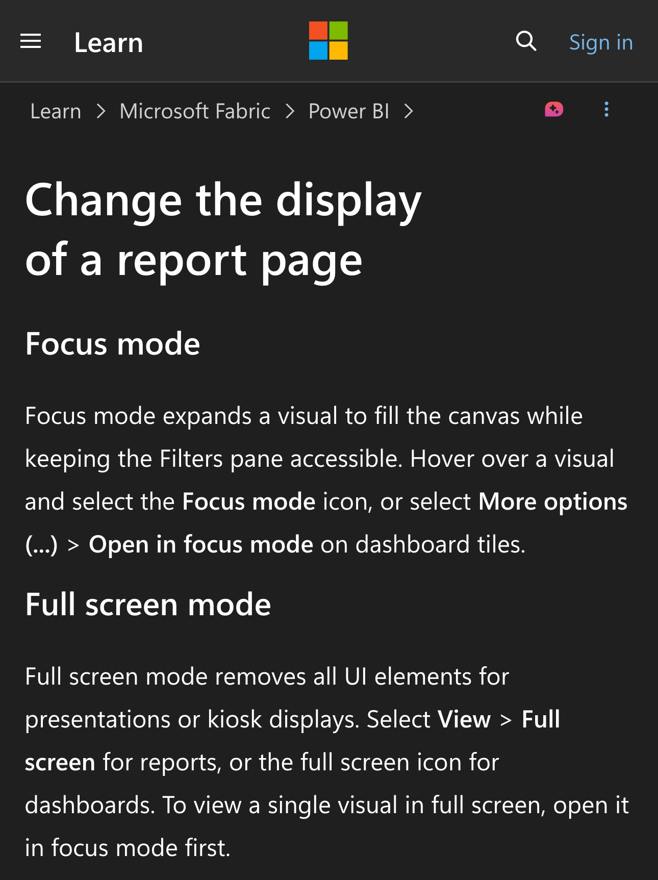 Microsoft Learn showing its branding and the documented differences between Power BI Focus mode and Full screen