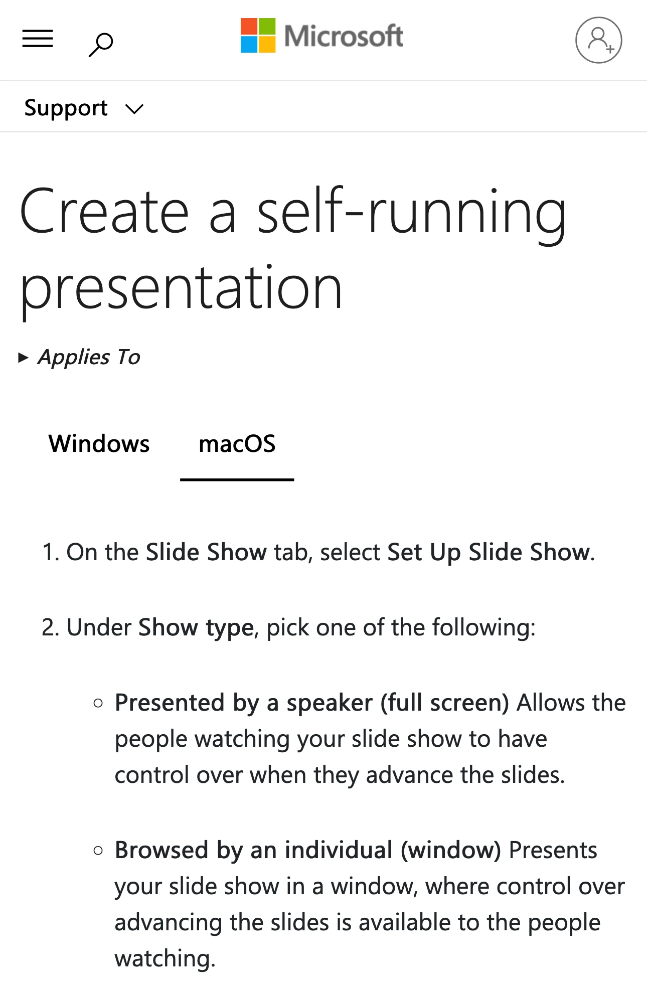 Microsoft Support showing the macOS tab and the Browsed by an individual window option