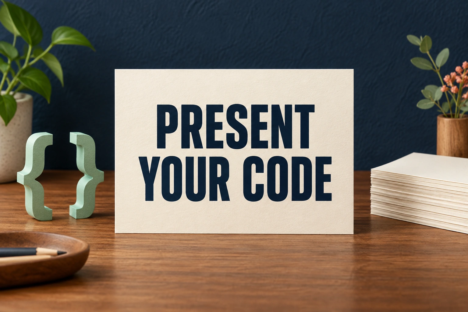 PRESENT YOUR CODE on a cream card with paper braces and a stack of blank pages
