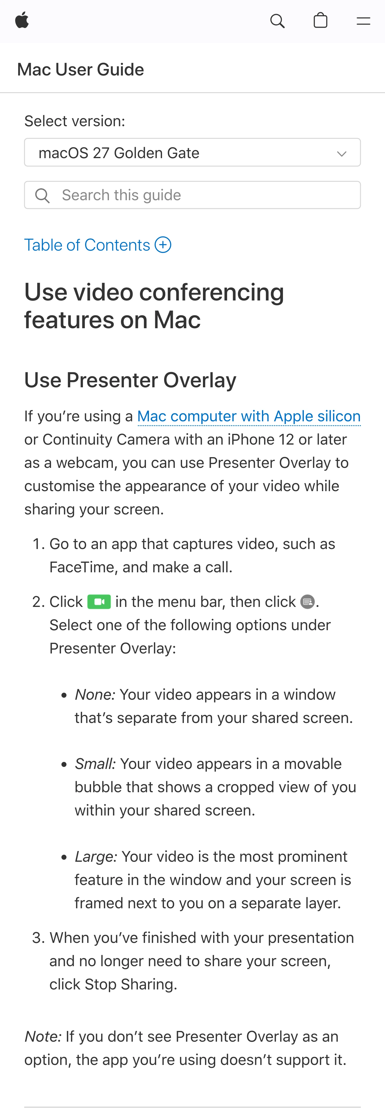 Apple Mac User Guide showing Presenter Overlay options None, Small and Large and the app-support note