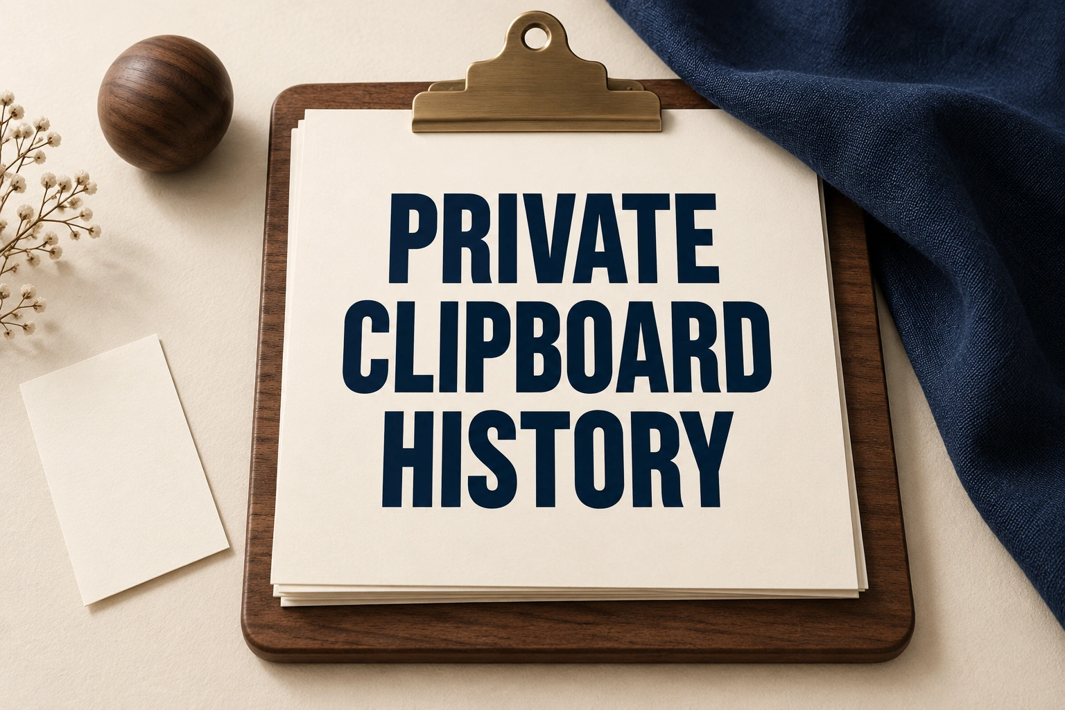 PRIVATE CLIPBOARD HISTORY on an ivory placard beside a clipboard covered with cloth