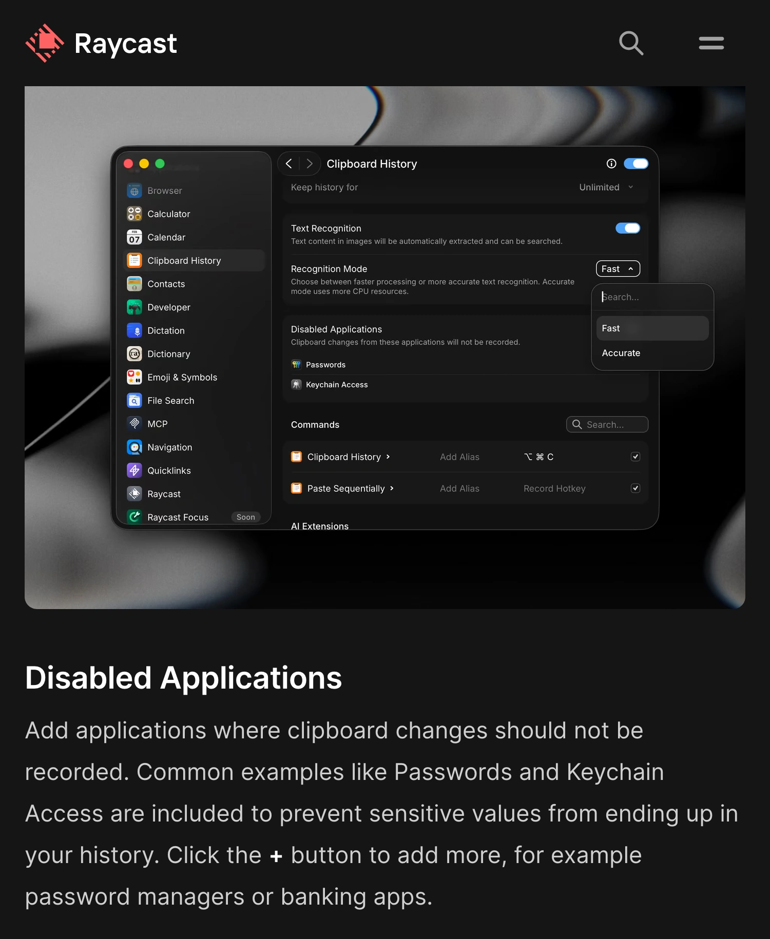 Raycast Manual with its red logo, Clipboard History settings illustration, and Disabled Applications explanation