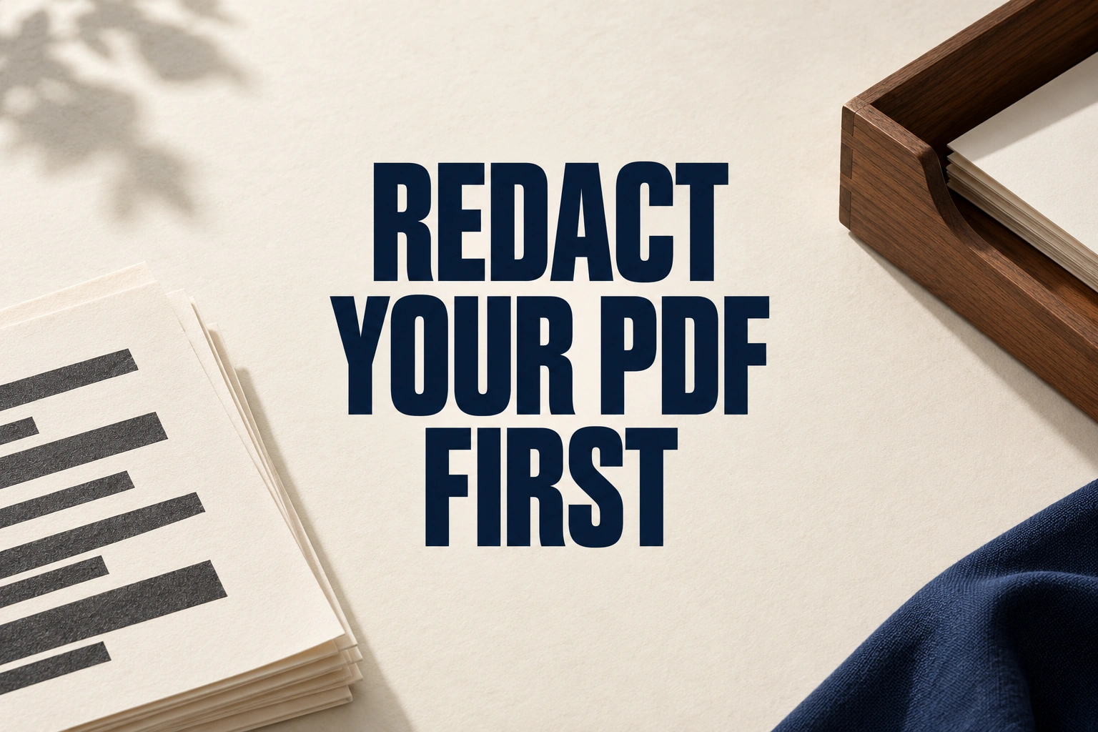 REDACT YOUR PDF FIRST on ivory paper beside a document stack and wooden tray