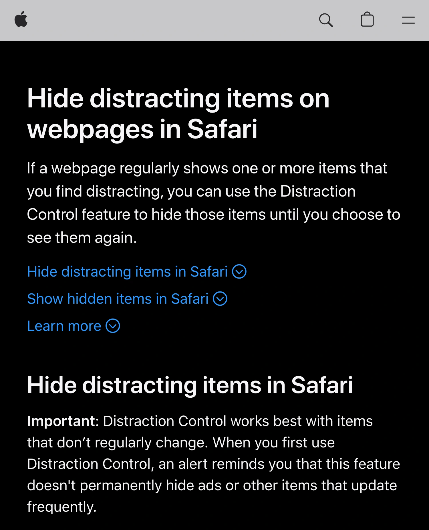 Apple Support explaining that Safari Distraction Control works best with items that do not change regularly