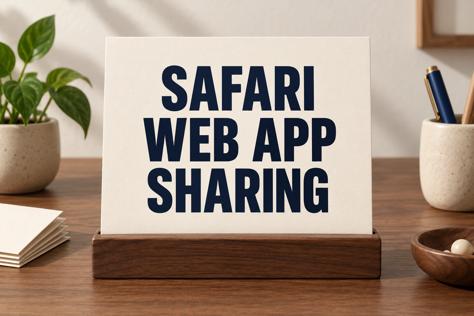 SAFARI WEB APP SHARING on an ivory card in a walnut holder beside a plant and pencils