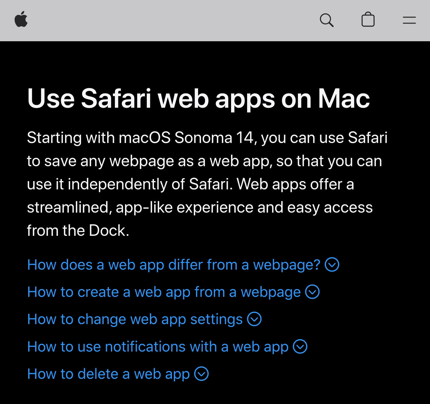 Apple Support page explaining that Safari can save webpages as independent web apps starting with macOS Sonoma 14