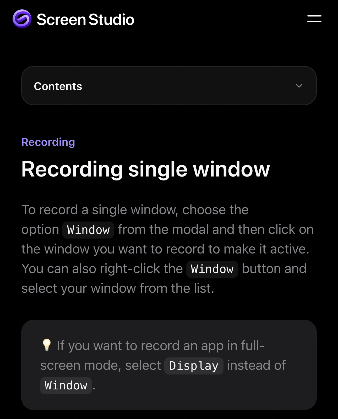 Screen Studio's branded guide explaining how to select a single recording window