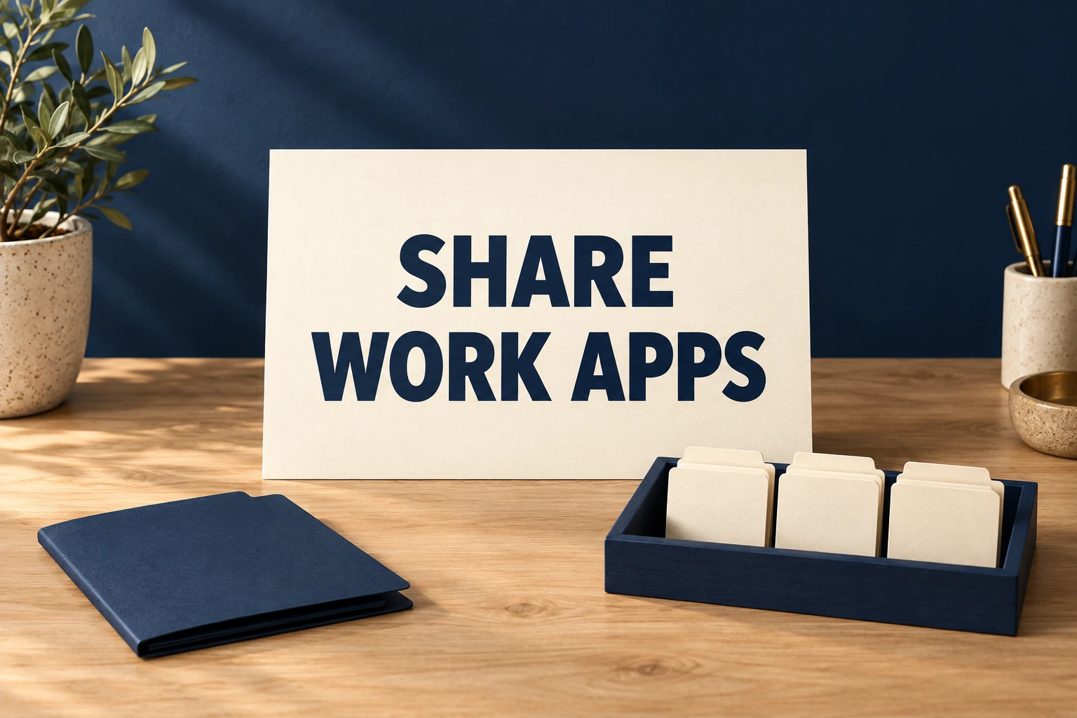 SHARE WORK APPS on an ivory placard with selected folders inside a navy frame