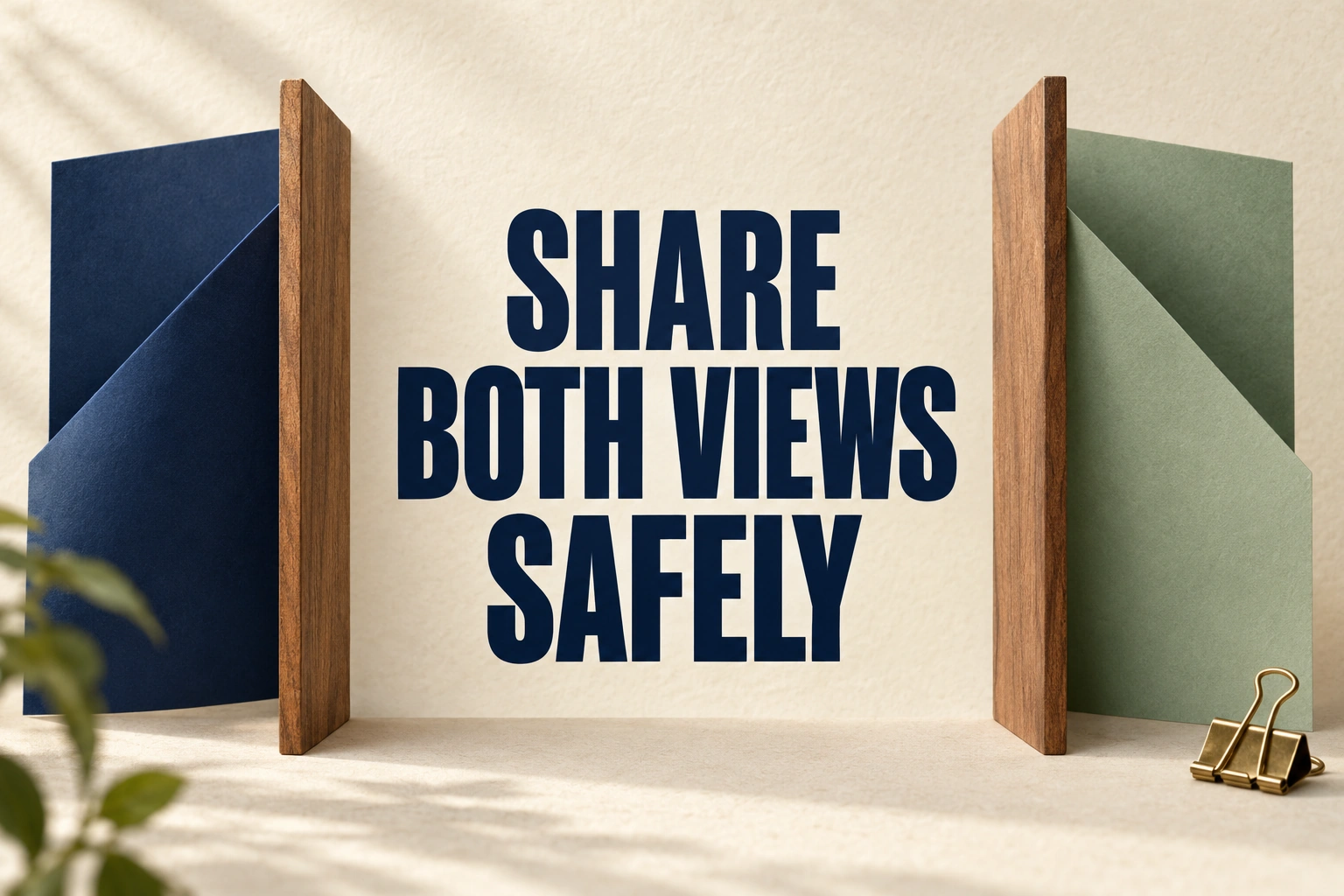 SHARE BOTH VIEWS SAFELY on ivory paper between wooden dividers and folded navy paper