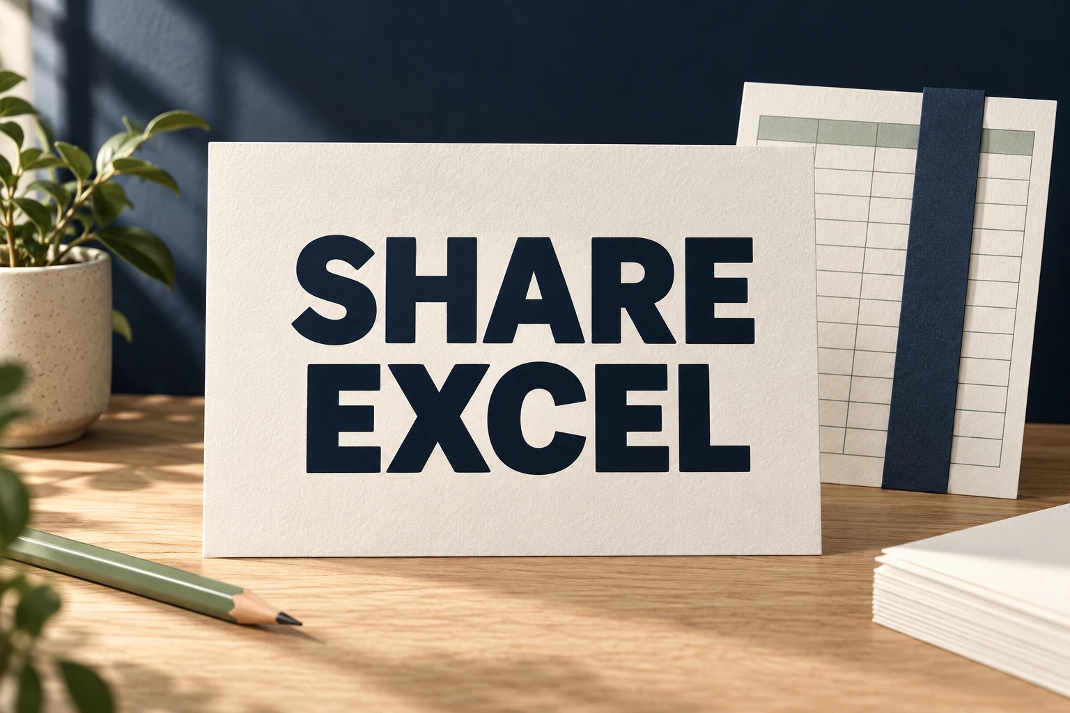 SHARE EXCEL on an ivory placard beside a paper grid with one column covered by a navy strip