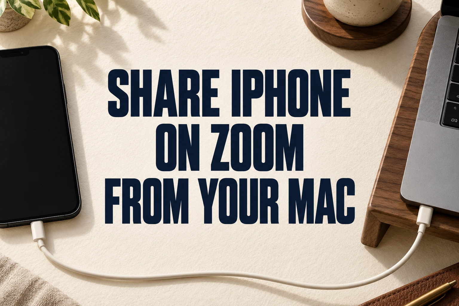 SHARE IPHONE ON ZOOM FROM YOUR MAC on ivory paper beside a phone and cable