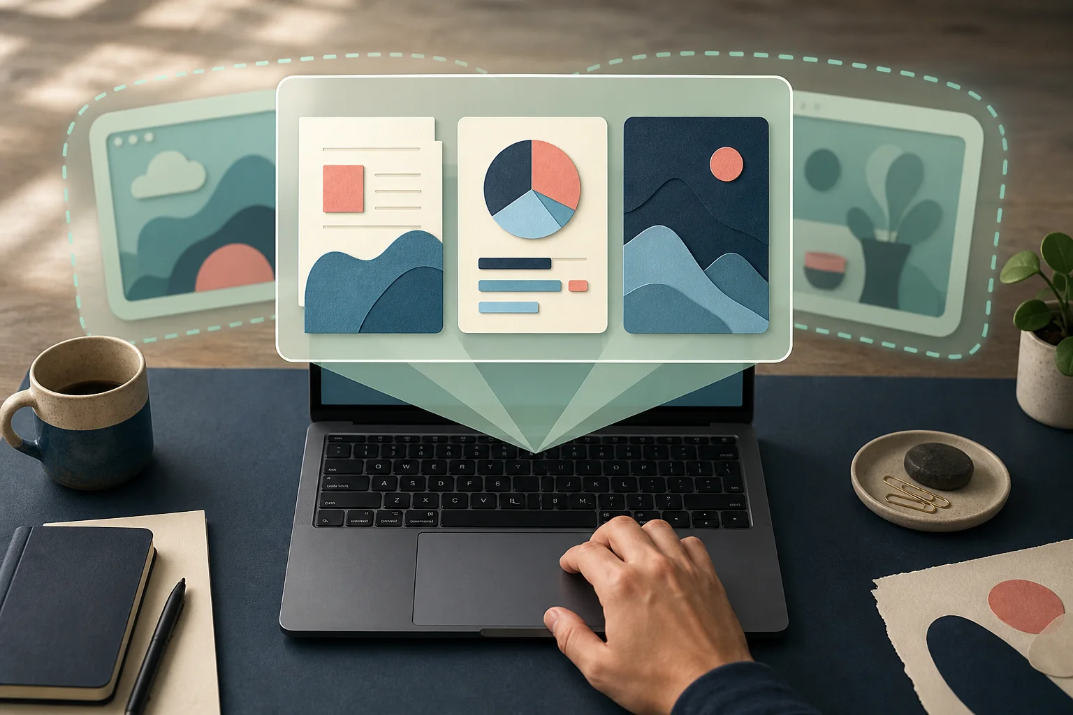 A person using a Mac while several work surfaces come together inside one calm audience frame