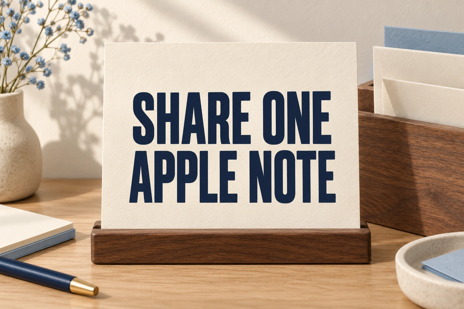SHARE ONE APPLE NOTE on an ivory sheet in a walnut holder, with other paper notes behind a divider