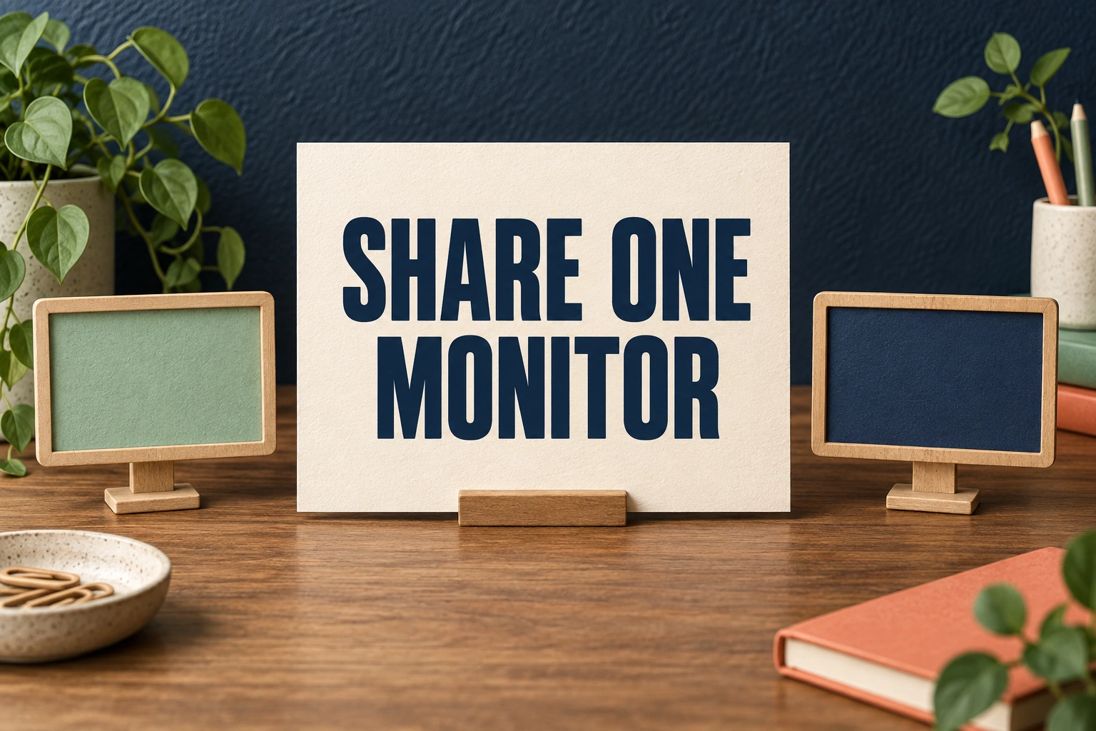 SHARE ONE MONITOR on a cream card between two distinct blank miniature monitor frames