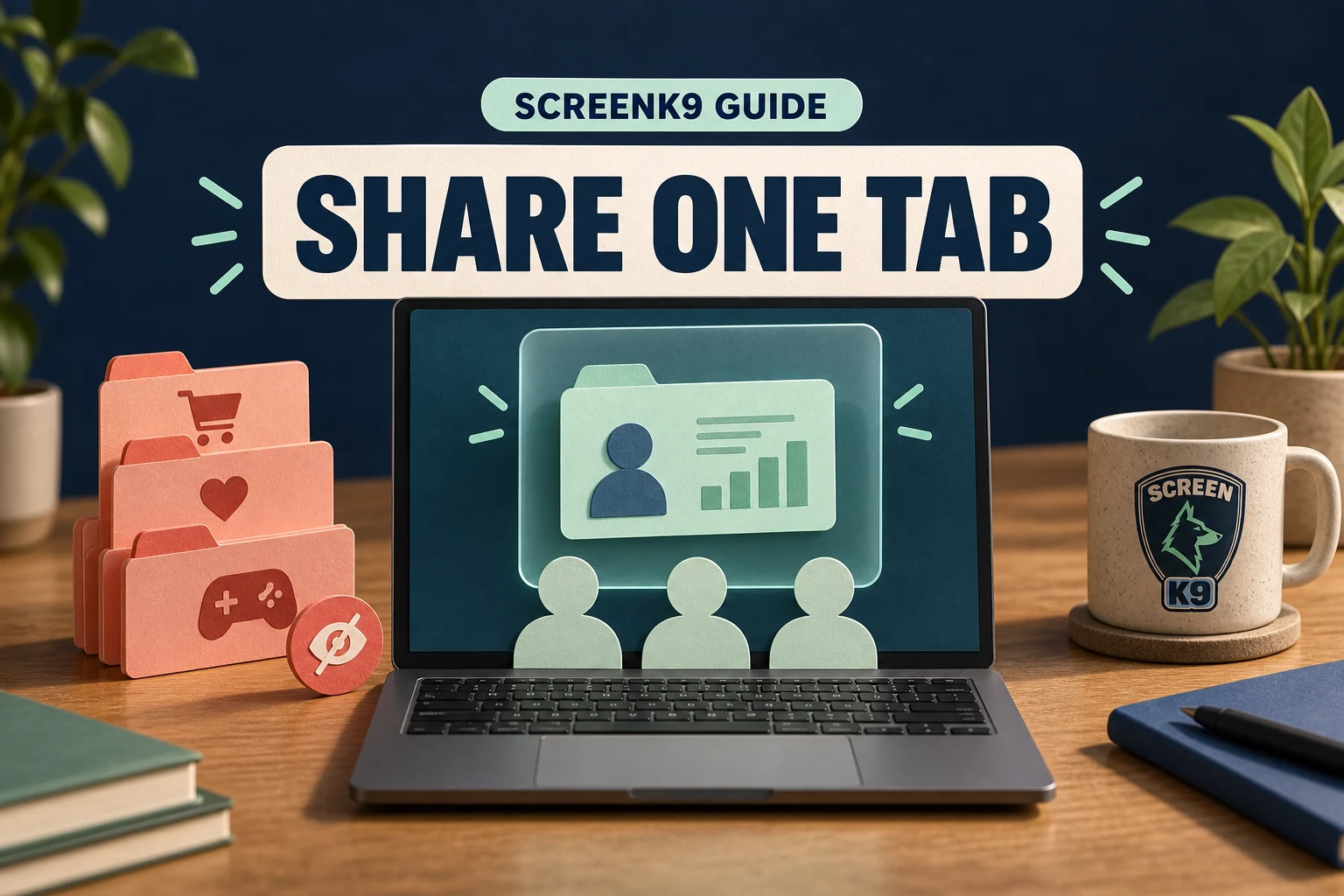 Editorial ScreenK9 guide cover with the readable words Share One Tab beside a laptop and privacy screen