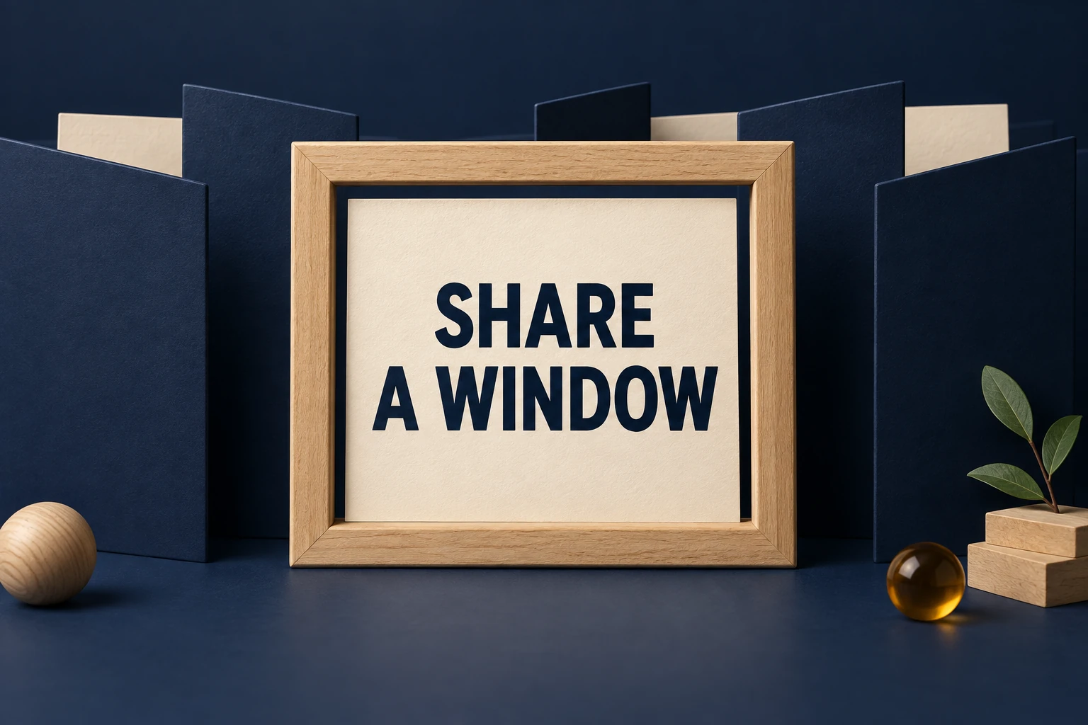 SHARE A WINDOW on a cream sheet inside a wooden frame with navy partitions