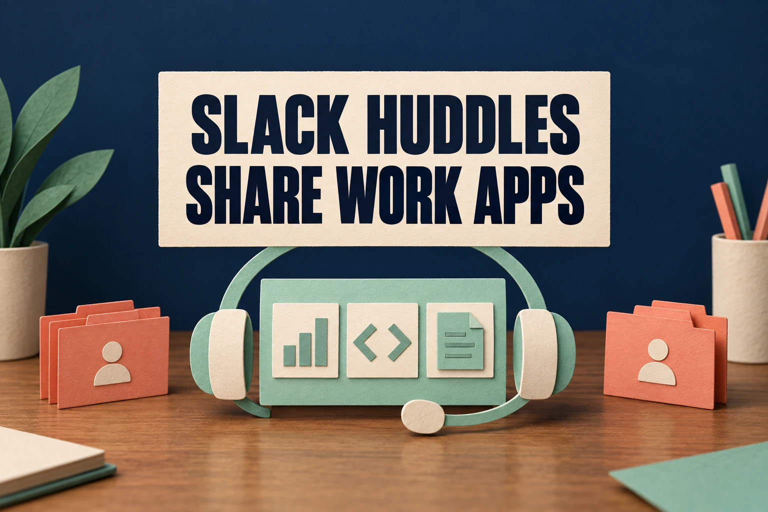 Paper headset surrounding work tiles, personal folders outside, and large text Slack Huddles Share Work Apps
