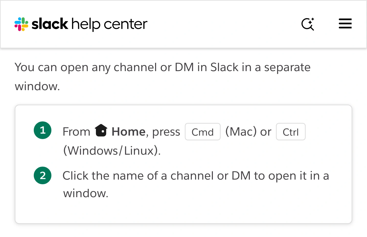 Slack Help Center showing the Mac Cmd-click instructions for opening a channel or DM in a separate window