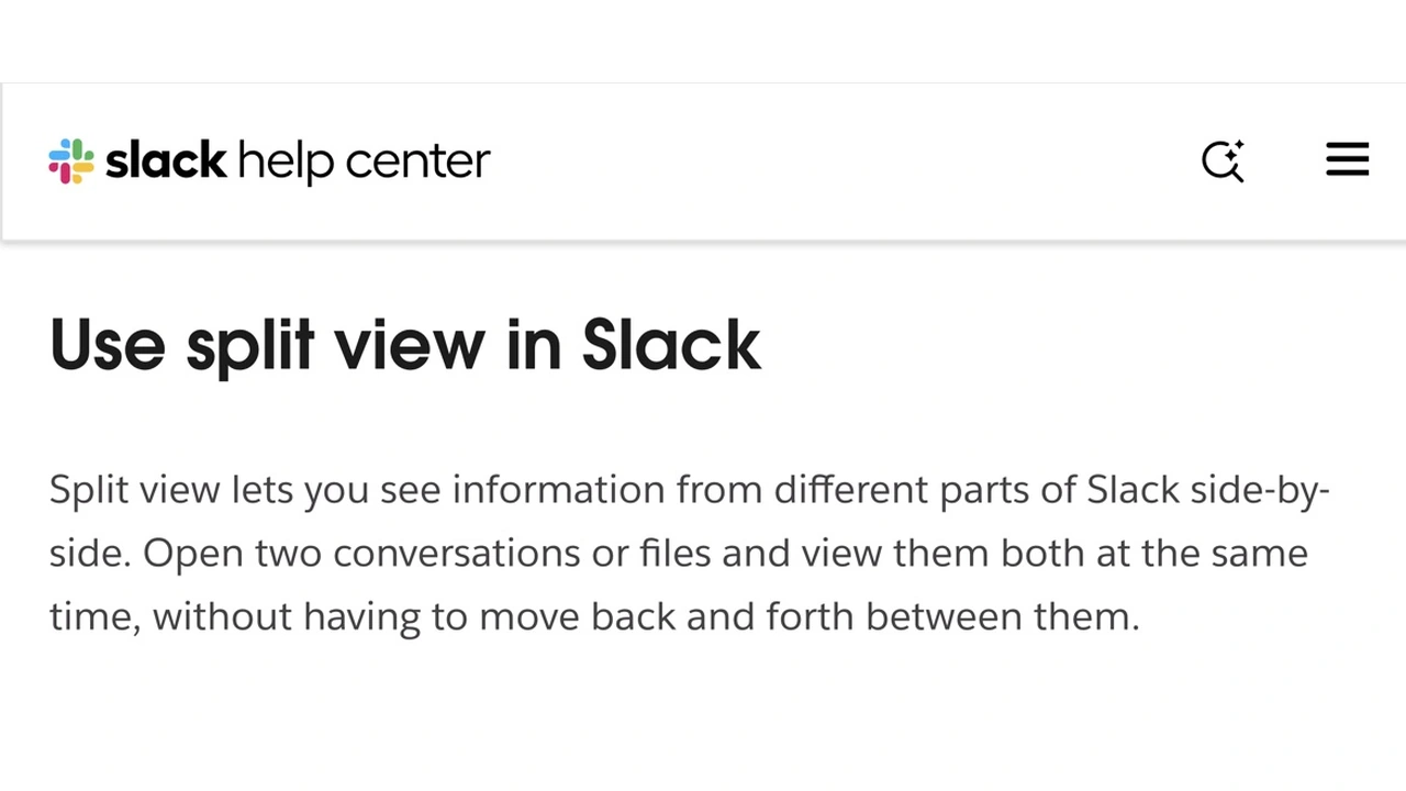 Slack Help Center explaining that split view displays two conversations or files side by side