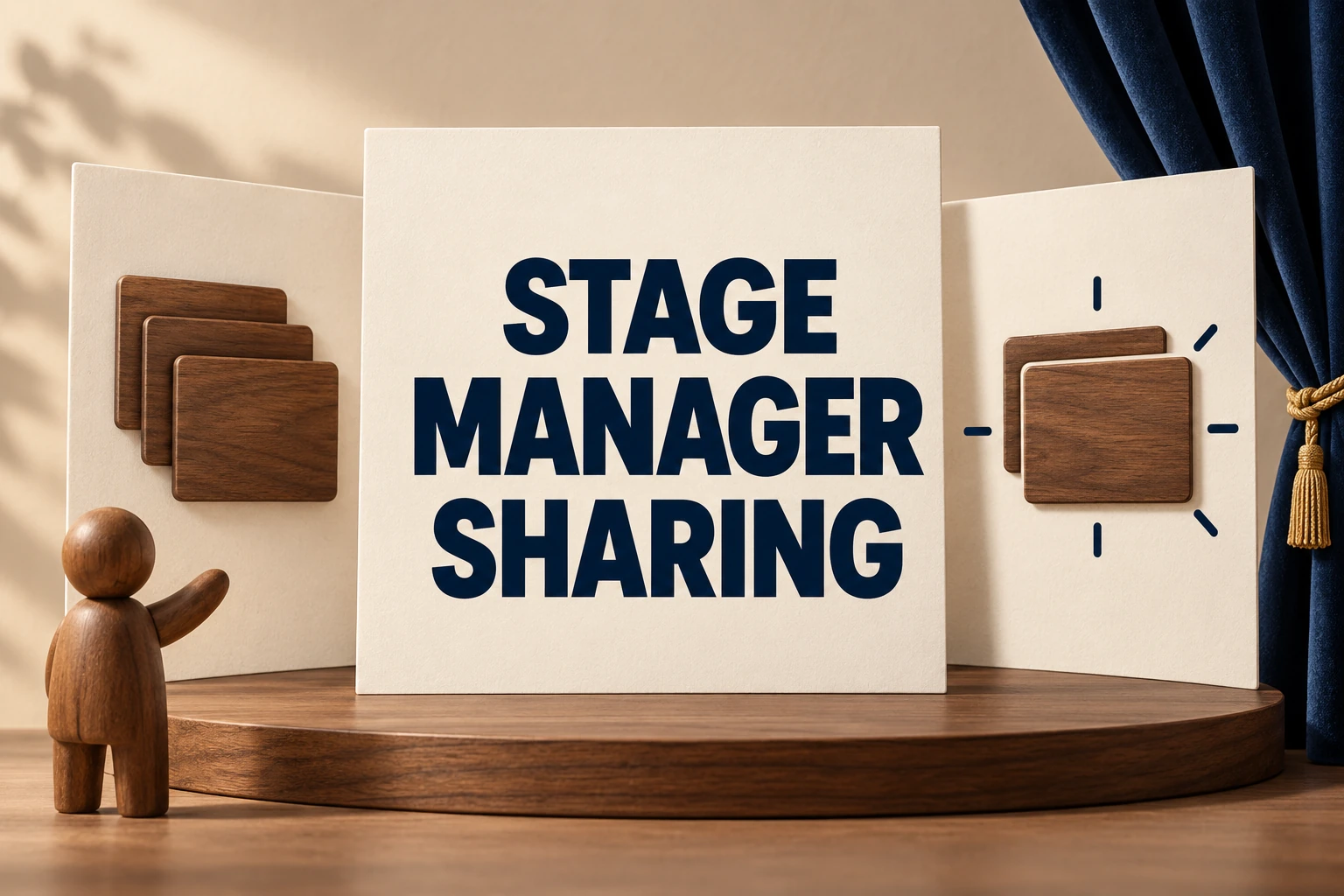 STAGE MANAGER SHARING on an ivory placard on a walnut miniature stage with grouped panels