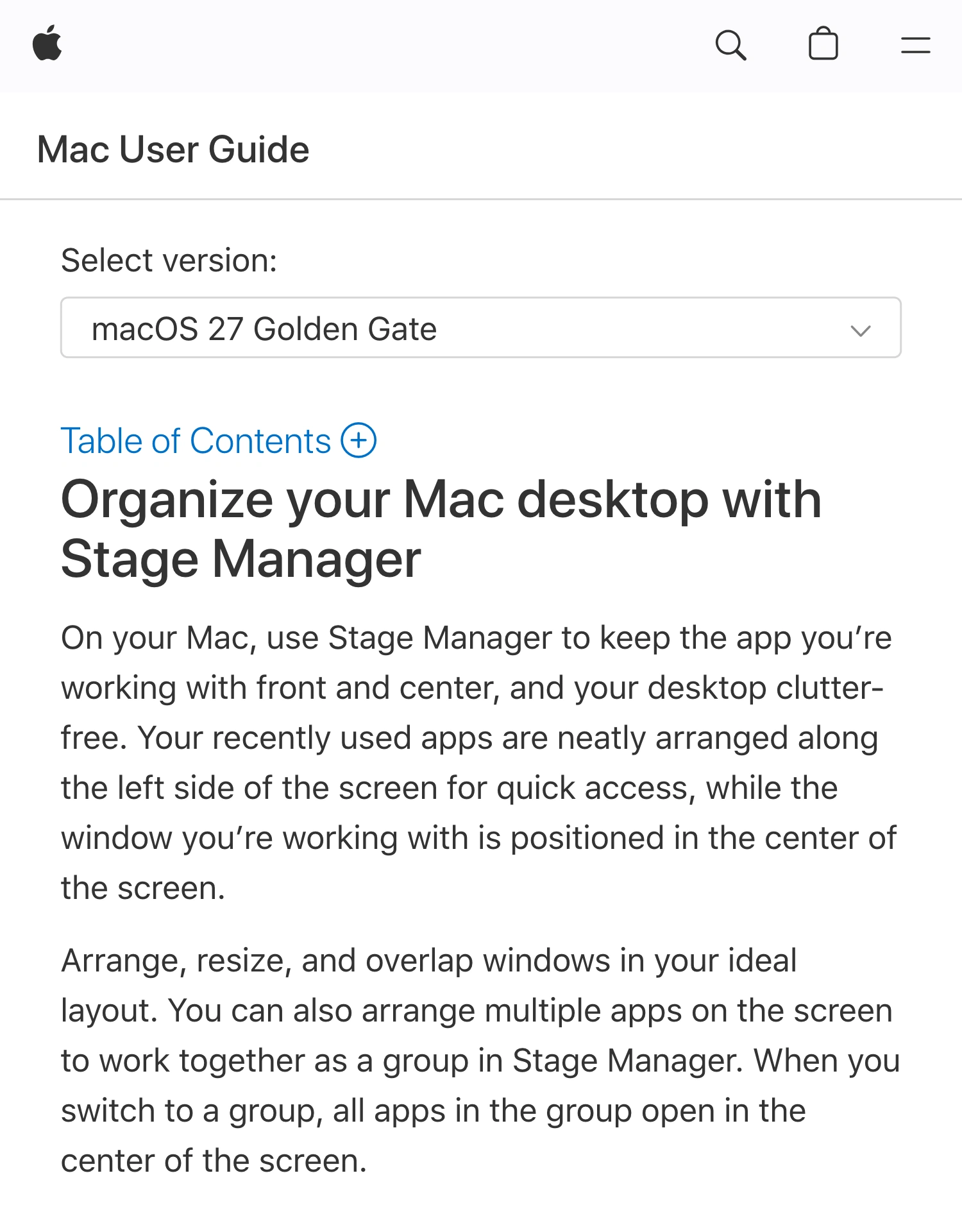 Apple Support Mac User Guide describing Stage Manager’s recent-app strip and window groups
