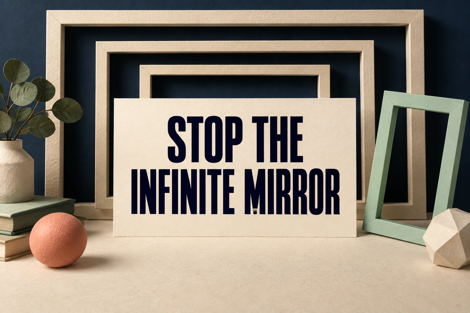 STOP THE INFINITE MIRROR on a cream card surrounded by nested physical picture frames