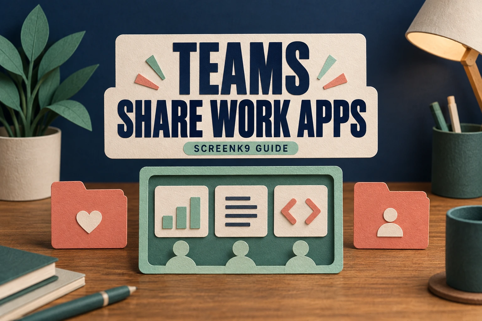 Paper work tiles inside an audience frame, with private folders outside and large text Teams Share Work Apps