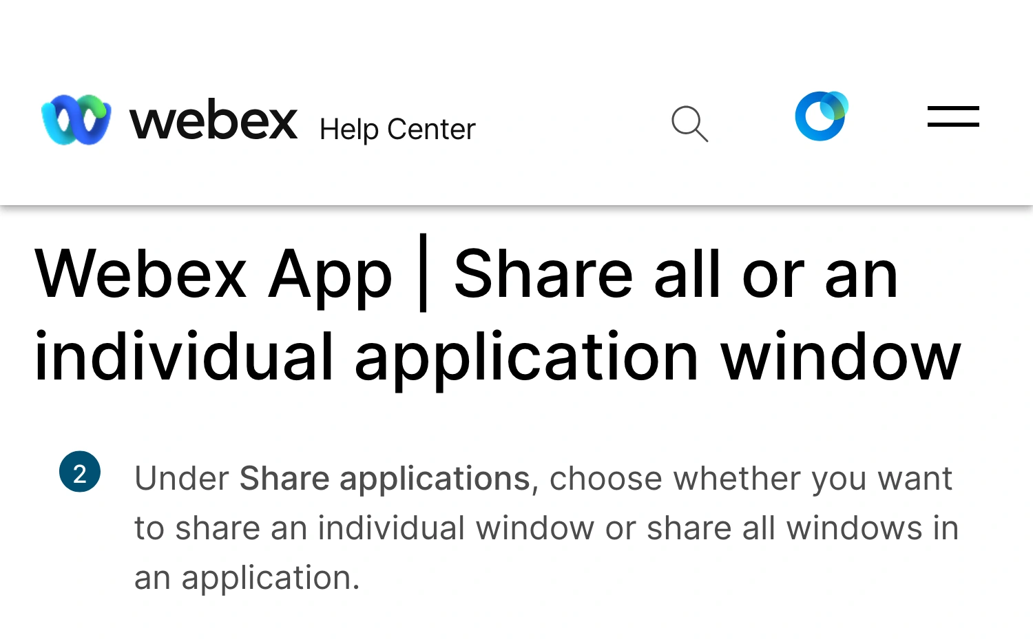 Webex Help Center showing the choice between sharing an individual application window and all windows in an application