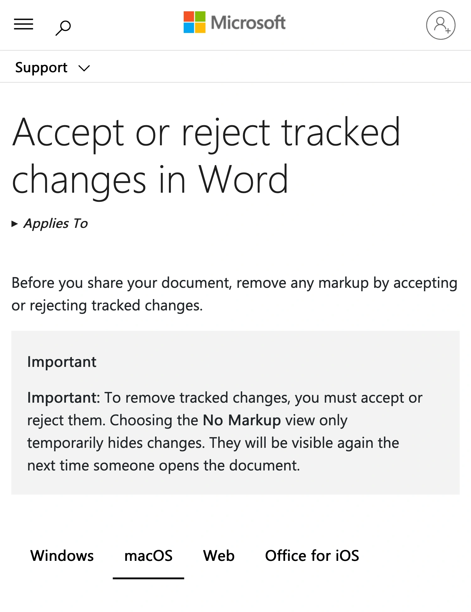 Microsoft Support warning that No Markup temporarily hides tracked changes rather than removing them
