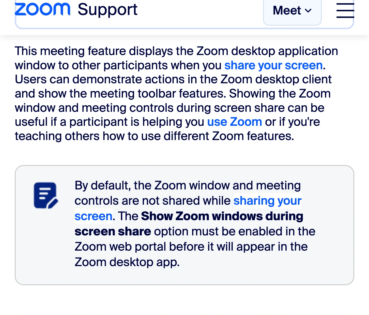 Zoom Support explaining that Zoom windows and meeting controls are not shared by default